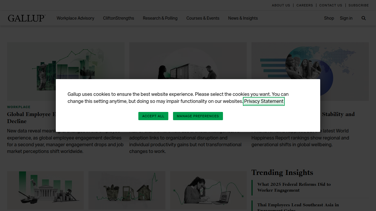 The official website for Gallup, renowned for its global analytics and advisory services on employee engagement.