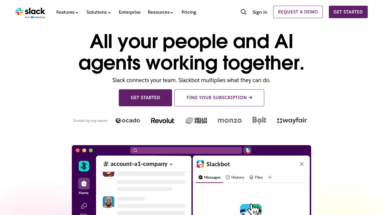 The homepage of Slack, a popular channel-based messaging platform used for team collaboration.