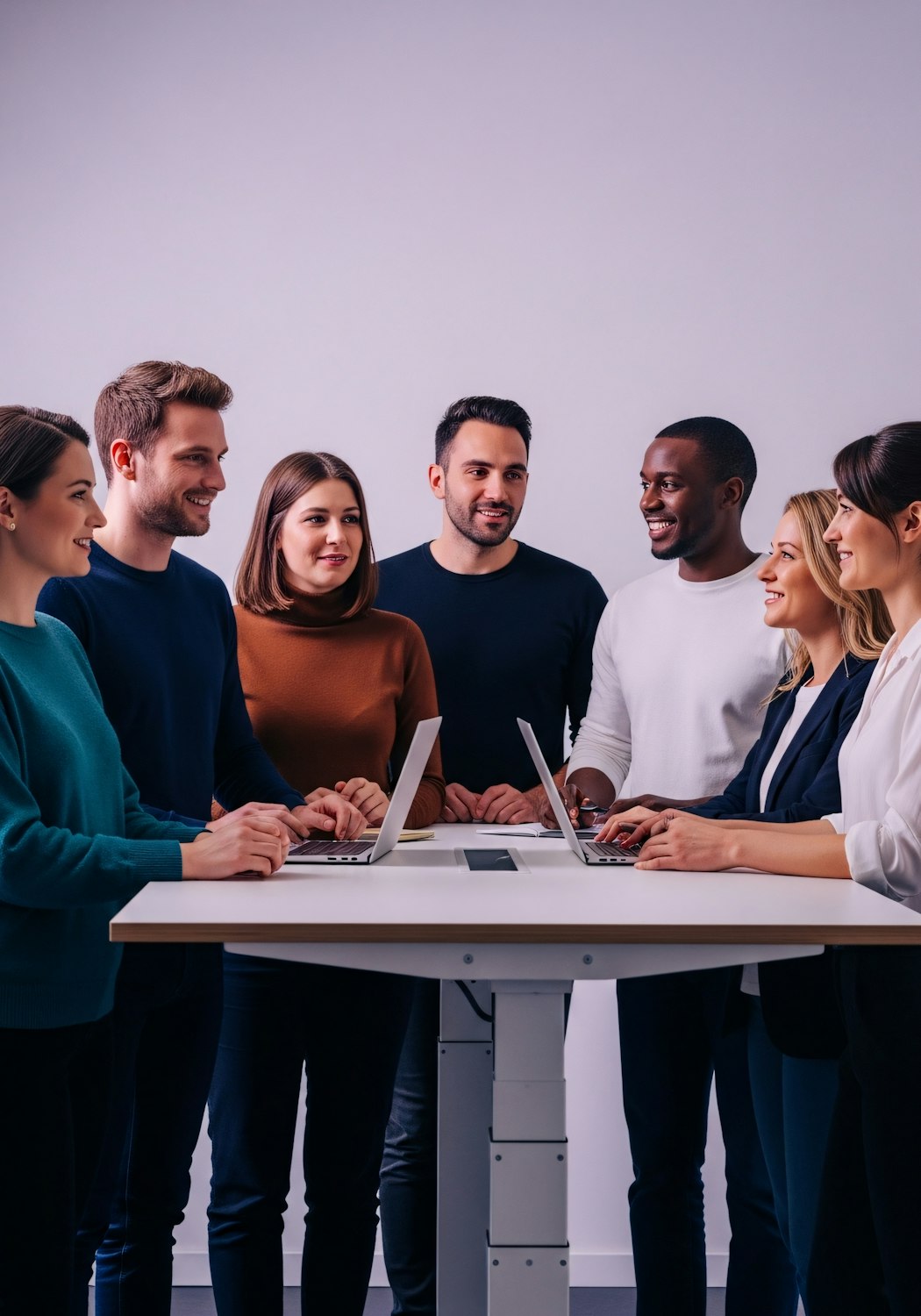 Diverse professionals from different departments casually interacting and bonding over a shared virtual activity, symbolizing the breakdown of workplace silos.