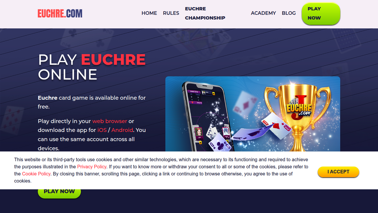 A screenshot of Euchre.com, a popular online platform for playing Euchre directly in a web browser or via an app.