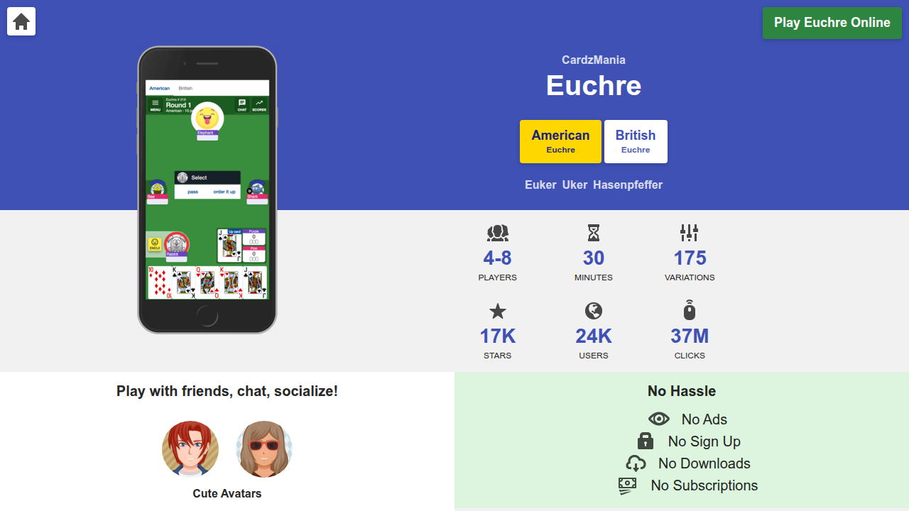 A screenshot of CardzMania's online Euchre game, illustrating a platform that supports private tables for team play.