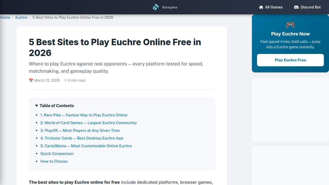 A screenshot of Rarepike.com, showcasing a review of the best online Euchre platforms, useful for team leaders selecting a suitable tool.