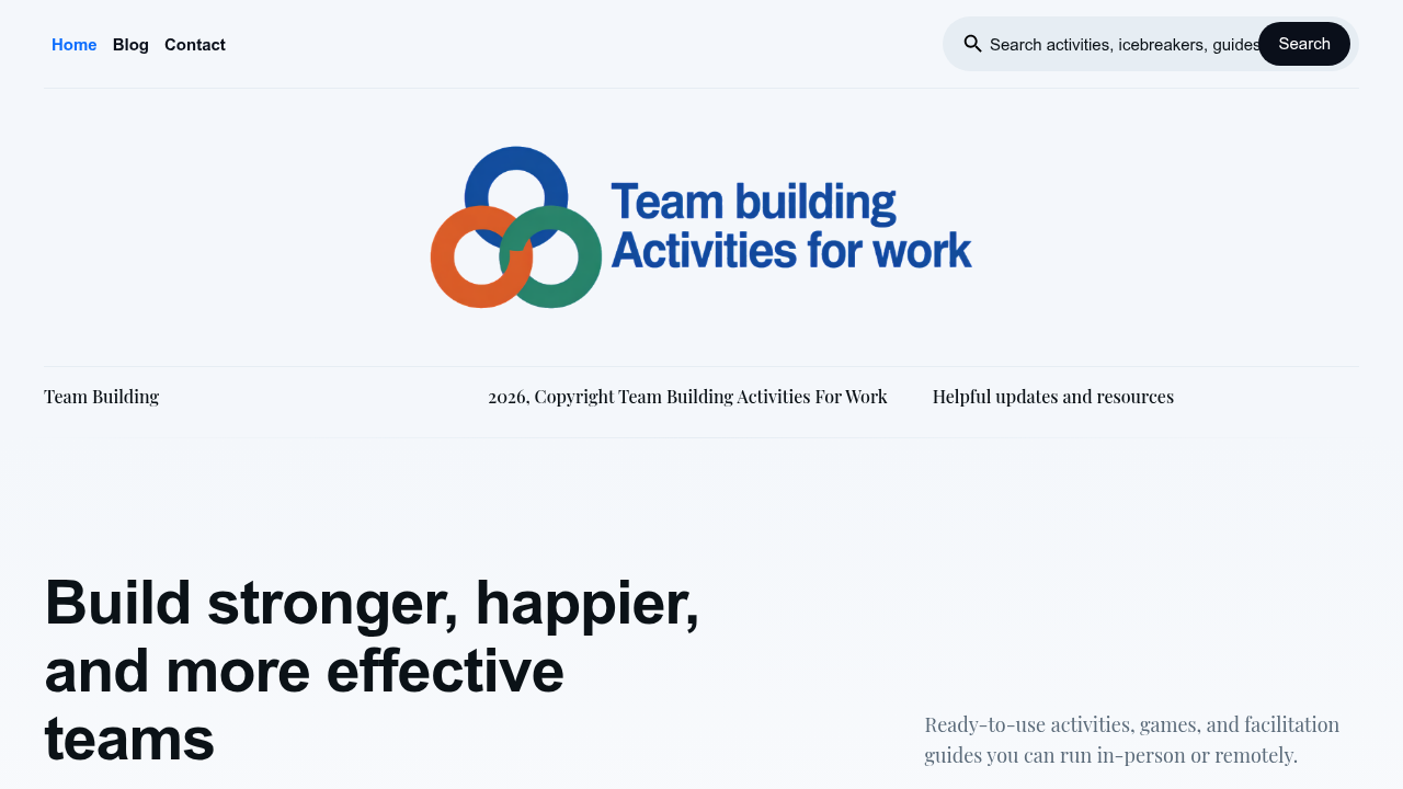 A screenshot of TeambuildingActivitiesforWork.com, a resource for virtual team bonding activities mentioned in the article.