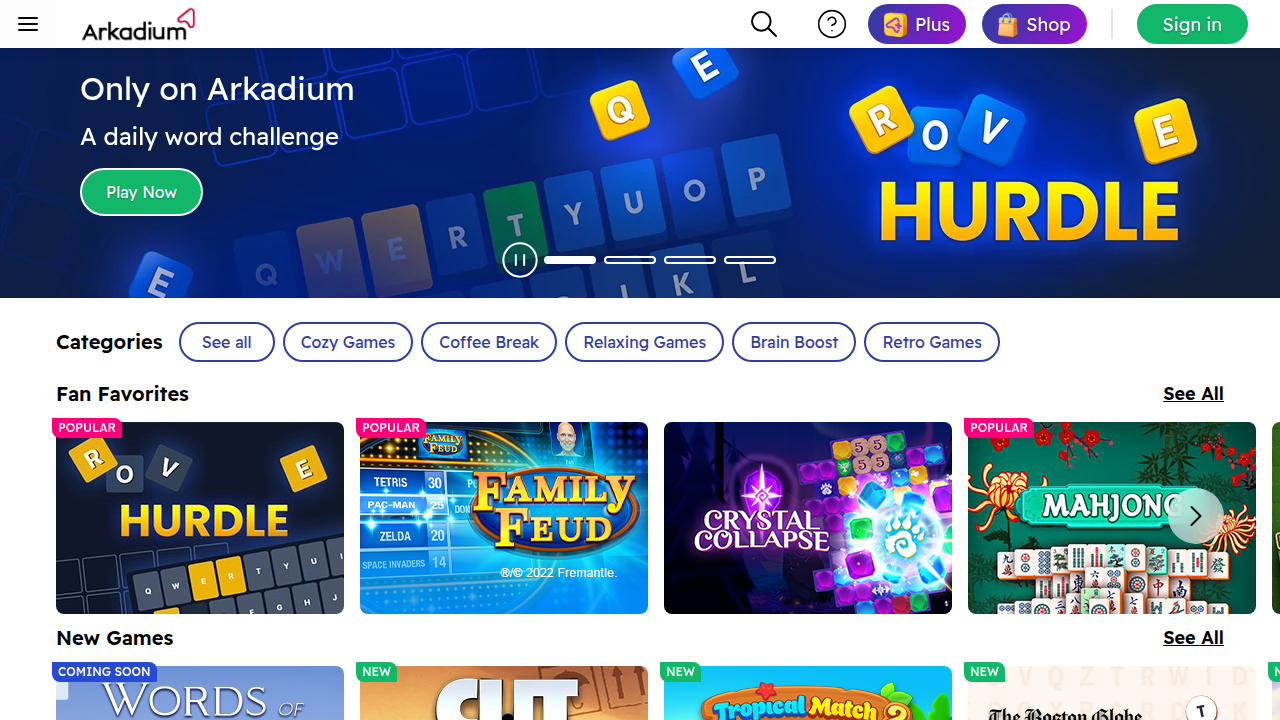 The Arkadium games free online homepage, showcasing the vast library of casual games available for instant browser play without downloads.