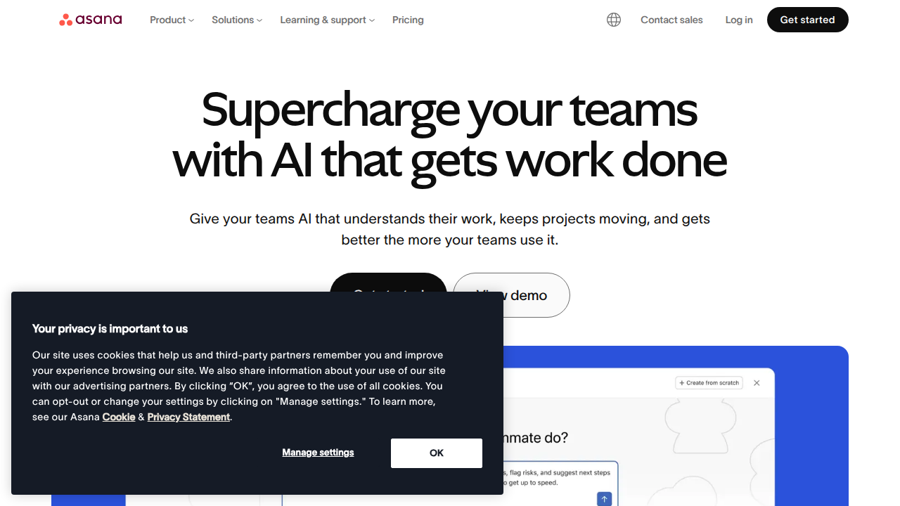 The Asana homepage, a platform known for its extensive resources and guides on team collaboration and productivity.