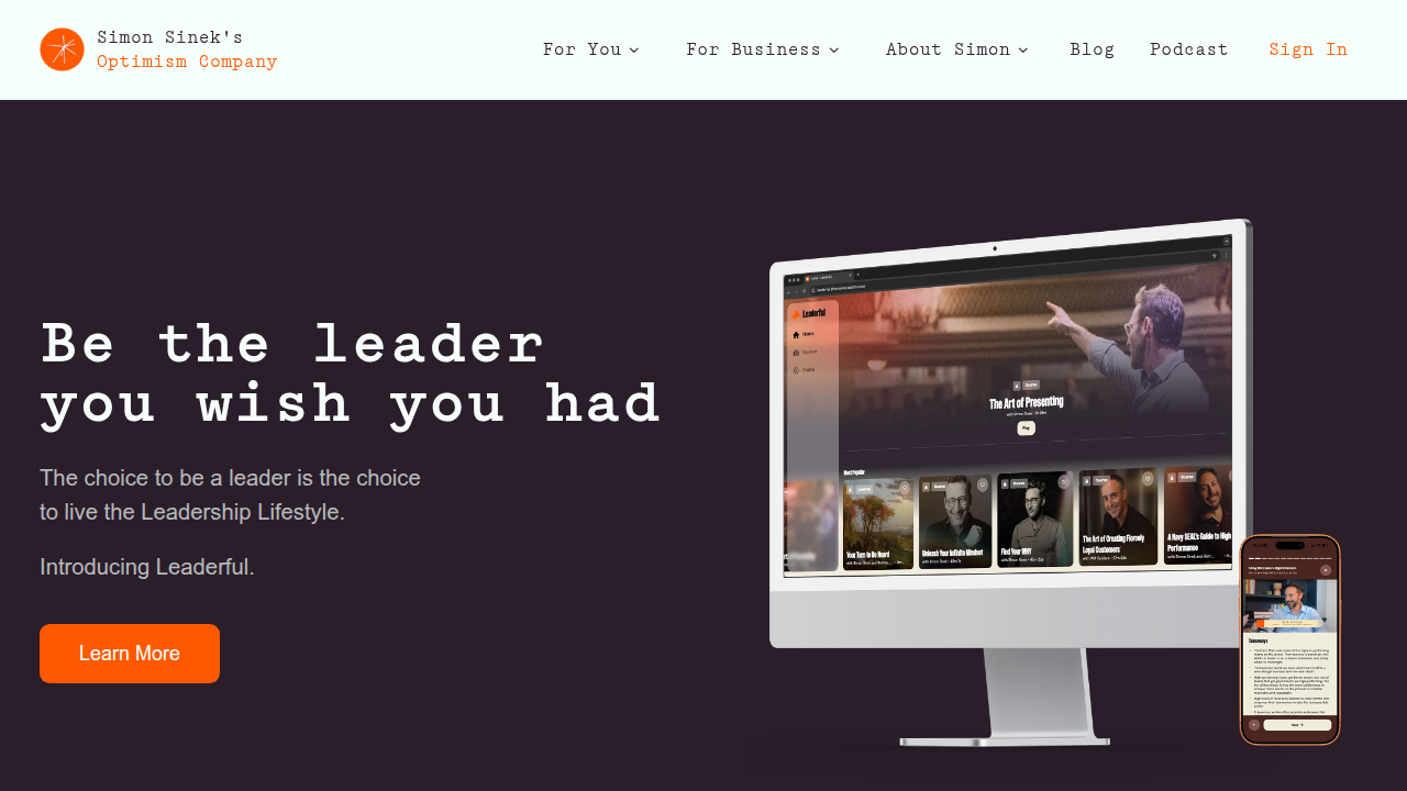 The homepage of Simon Sinek, a prominent author and speaker recognized for his insights on leadership and organizational culture.