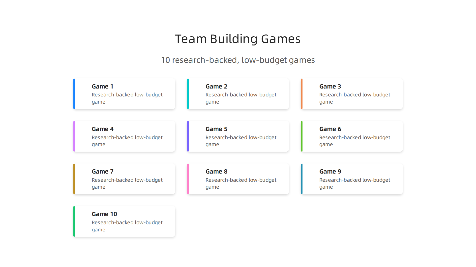 An infographic summarizing the 10 fun group games presented in the article, highlighting their key benefits for team success.