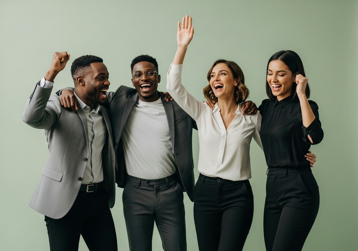 A diverse group of colleagues actively participating and laughing during a team-building activity, showing strong engagement and positive interaction.