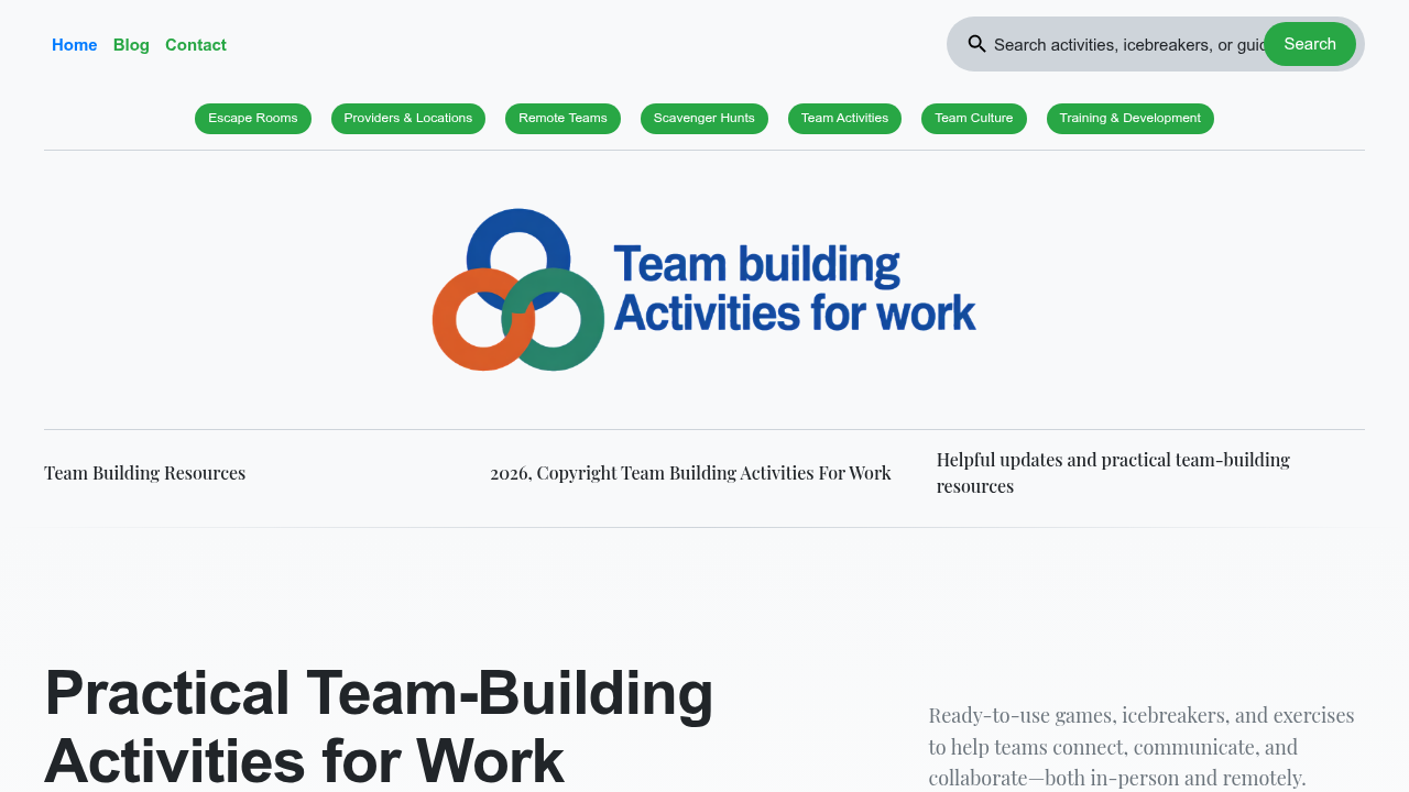 Homepage screenshot of Teambuildingactivitiesforwork.com, a resource for various team-building ideas and games.