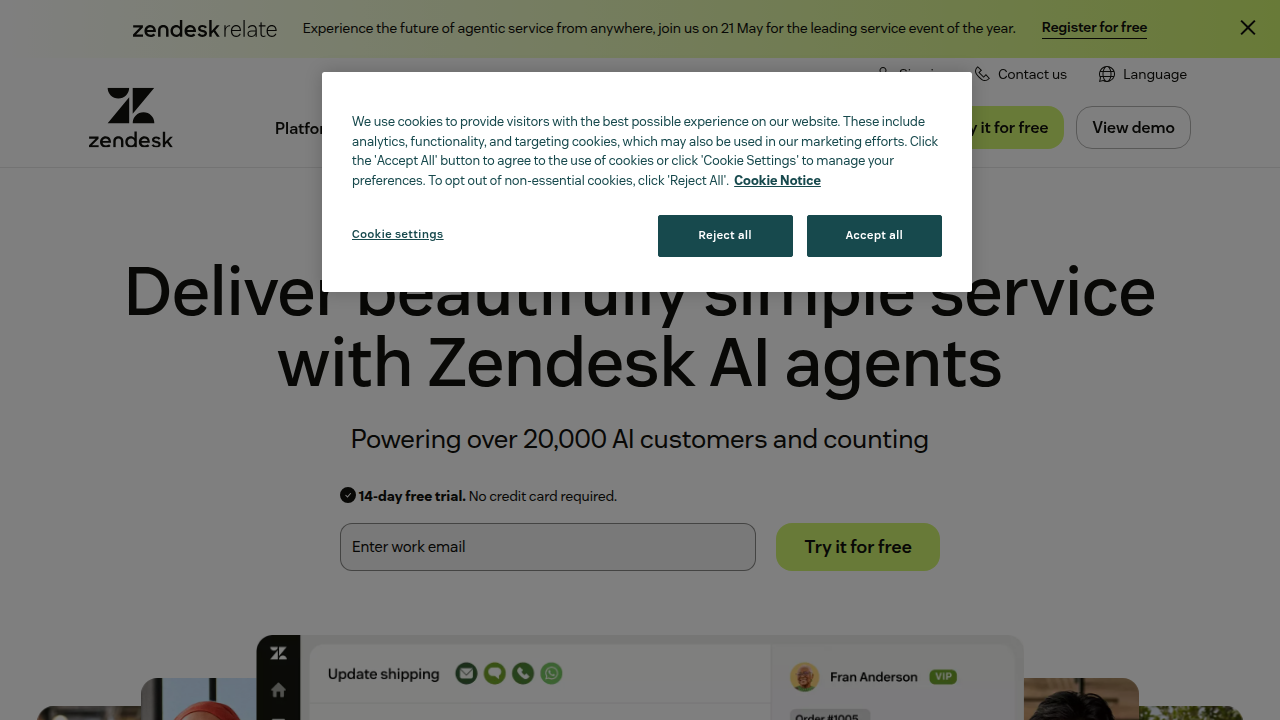 The homepage screenshot of Zendesk, a recognized resource for insights into remote team-building activities and workplace engagement strategies.