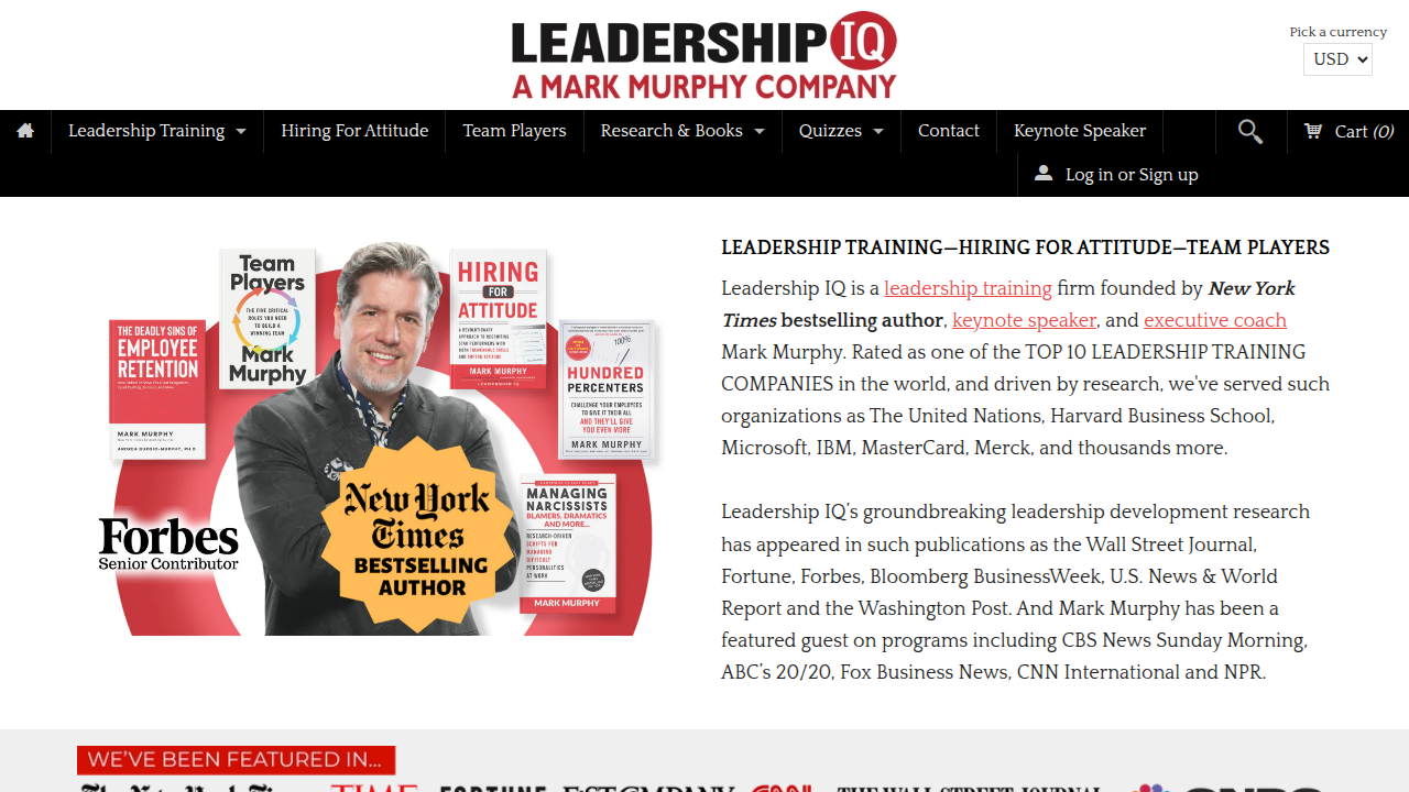 The homepage of Leadership IQ, a resource that offers guidance on leadership development and communication training programs.