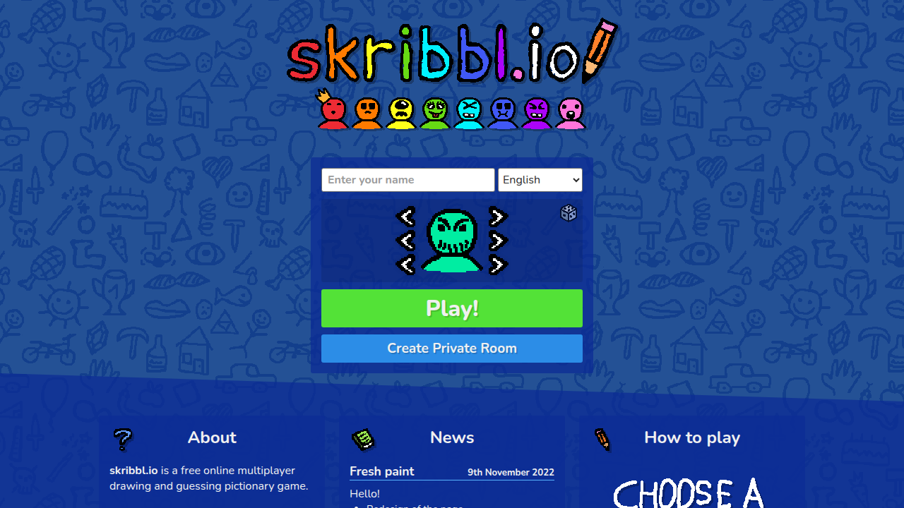 The user interface of Skribbl.io, a popular free online drawing and guessing game for teams.