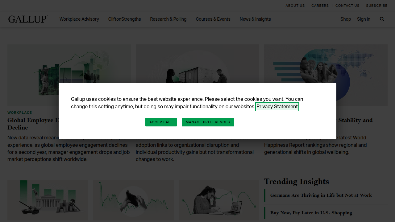 The homepage of Gallup, a global analytics and advisory company known for its research on employee engagement.