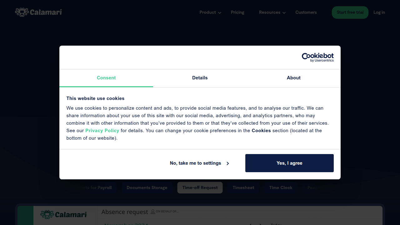 The homepage of Calamari, a platform providing HR software solutions that support team management and activities.