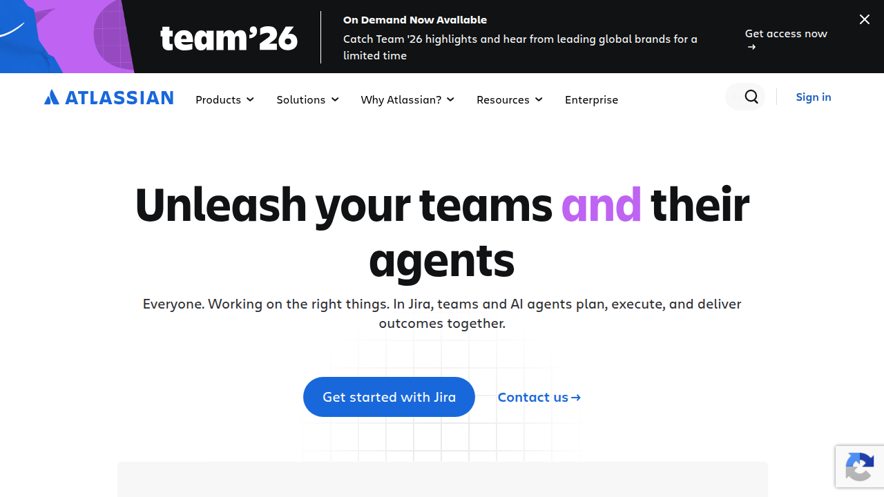 The homepage of Atlassian, a company known for its team collaboration and project management tools, including team health monitors.