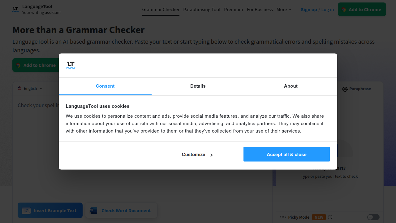 The LanguageTool website, a resource for enhancing writing and finding powerful synonyms.