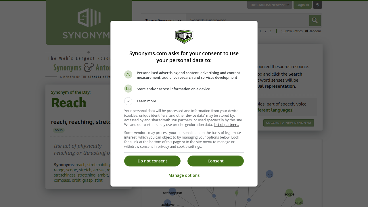 The Synonyms.com website, offering a vast thesaurus for alternative word choices.