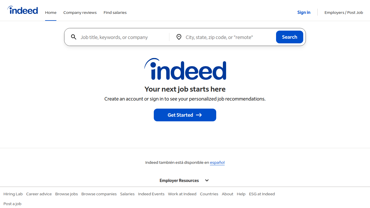 The Indeed.com website, a popular platform for job searching and career advice.