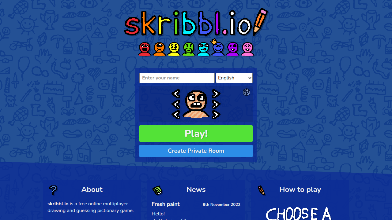 The Skribbl.io homepage, an online drawing and guessing game ideal for quick team icebreakers.