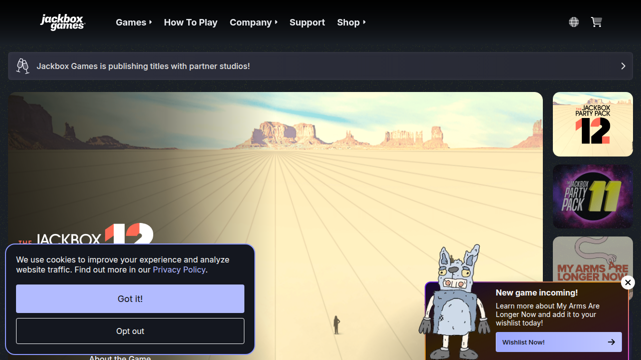 The Jackbox Games homepage, showcasing various party pack titles perfect for creative team bonding.