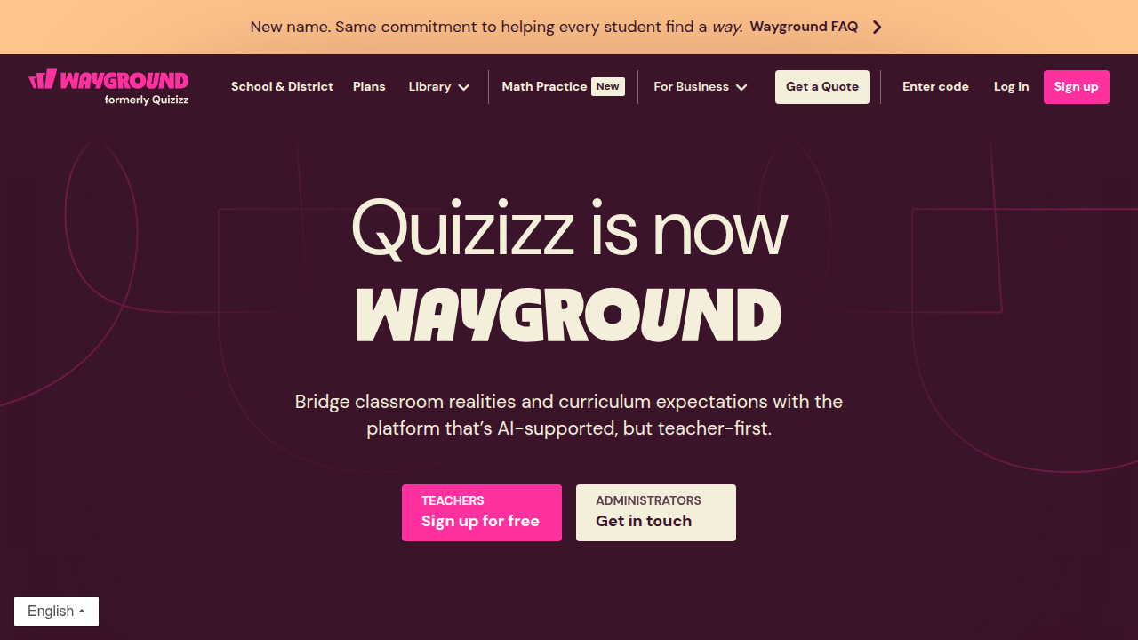 The Quizizz homepage, a platform for creating and playing interactive quizzes and trivia games.