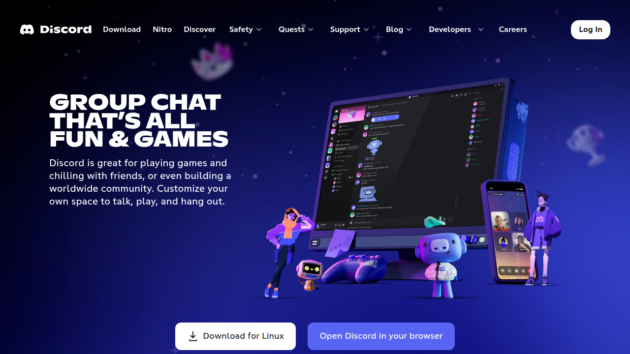 The Discord homepage, a popular communication platform ideal for organizing and playing virtual games with distributed teams.