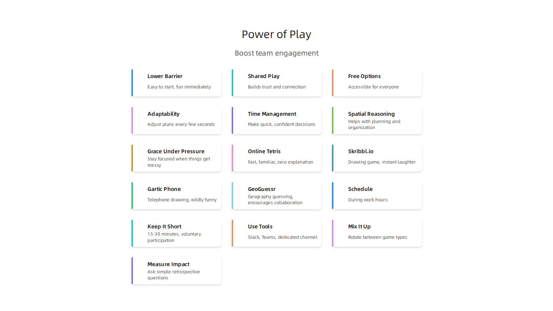 An infographic illustrating the psychological and practical benefits of casual online games for enhancing team engagement.