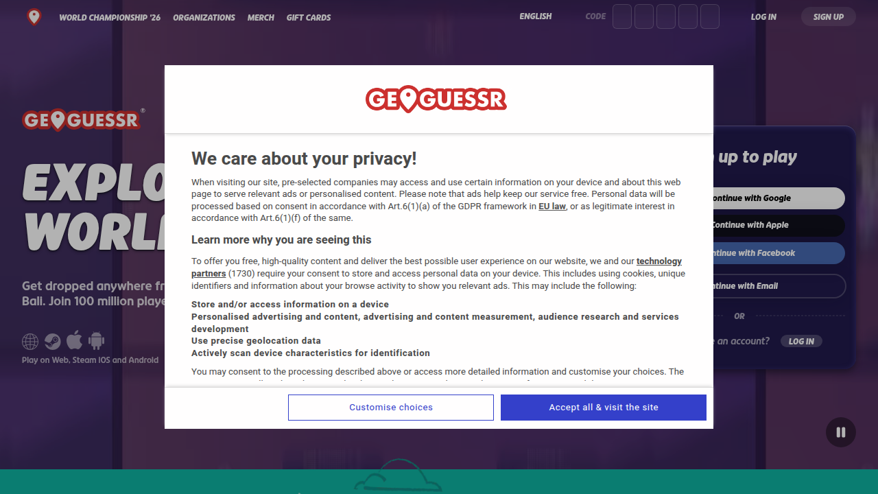 GeoGuessr's map interface, where players guess their global location based on Google Street View, encouraging collaboration.
