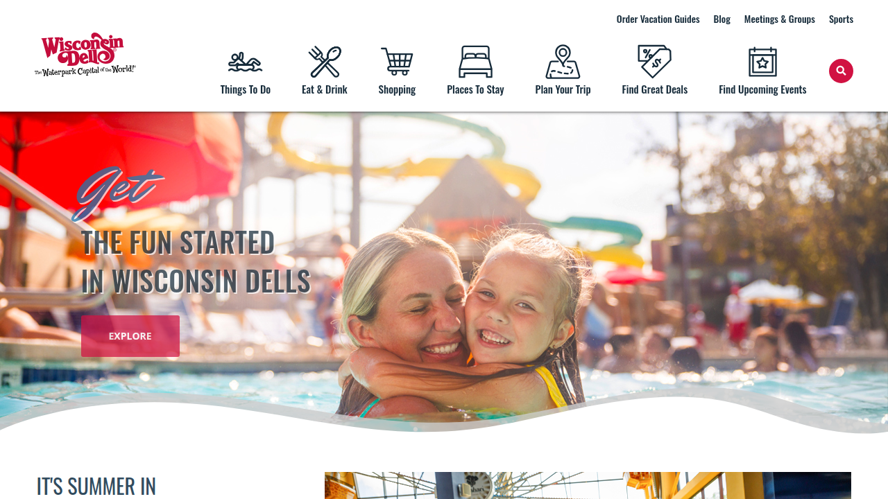 Screenshot of the official Wisconsin Dells tourism website homepage, a resource for local attractions and planning.