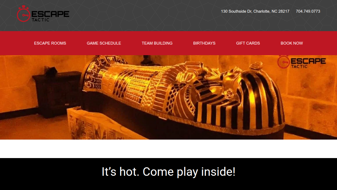 Screenshot of Escape Tactic's homepage, a popular Charlotte escape room.