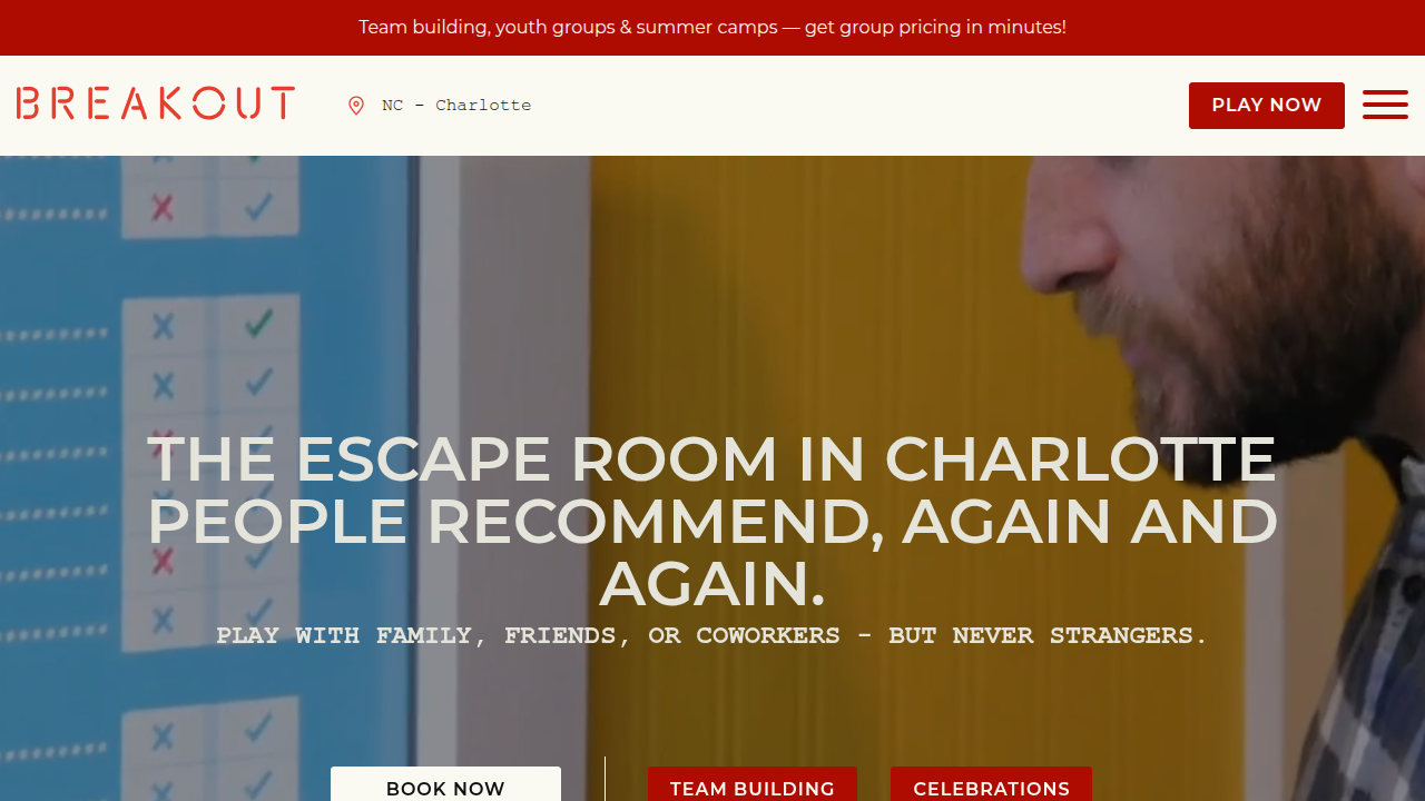 Screenshot of Breakout Games Charlotte's website, featuring corporate team building.