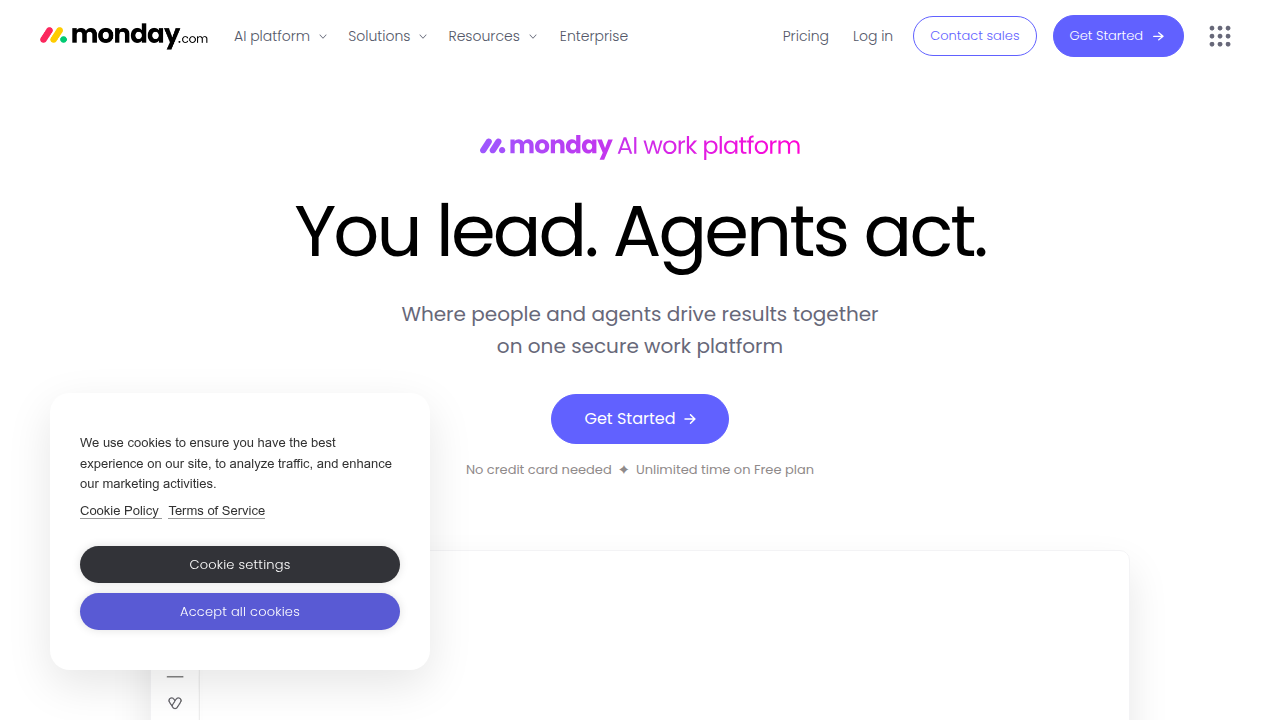 Screenshot of Monday.com homepage, a prominent work operating system for enhancing team collaboration and productivity.