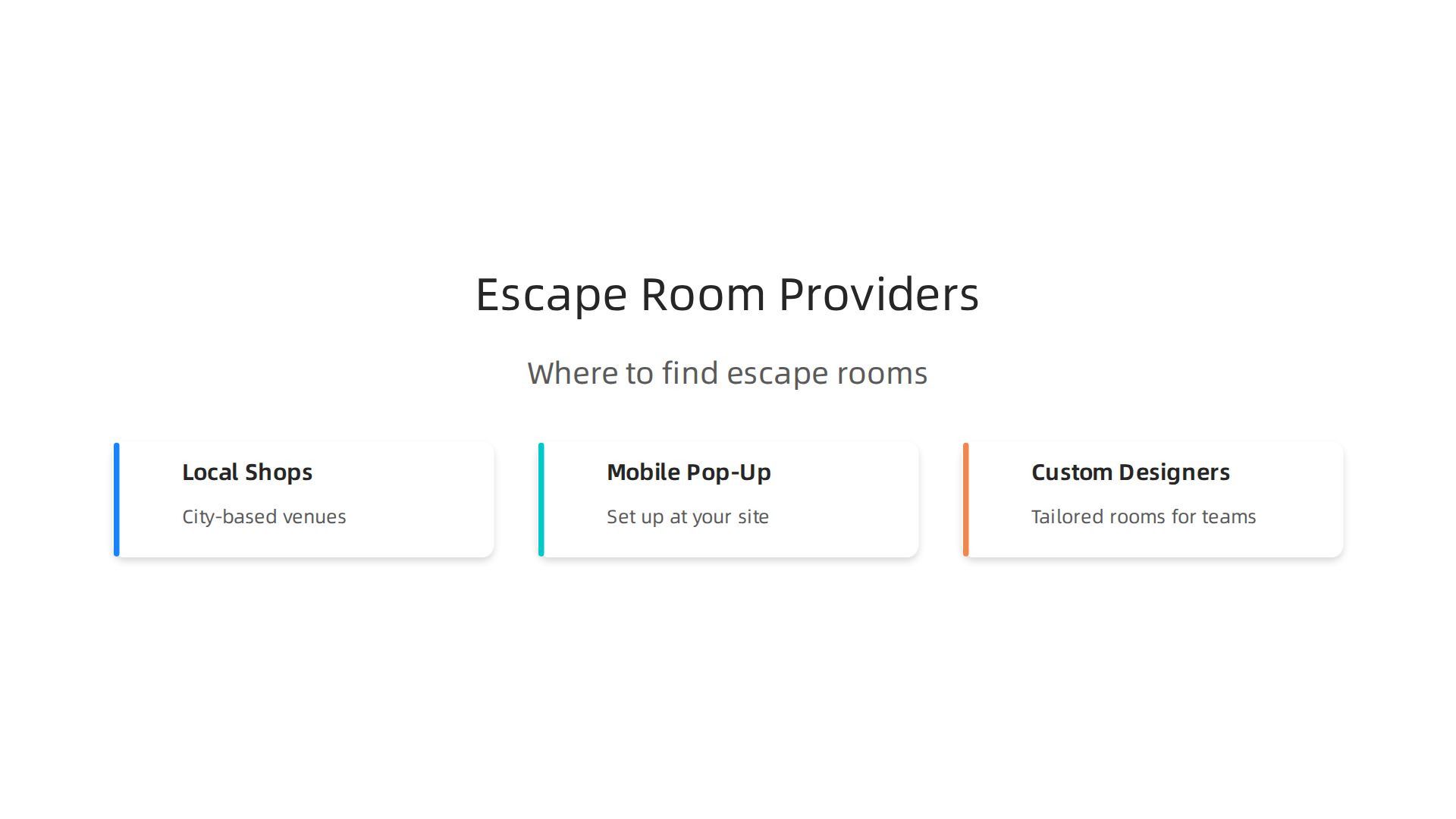 Visualizing the different types of escape room providers available for team building, from local shops to custom designers.